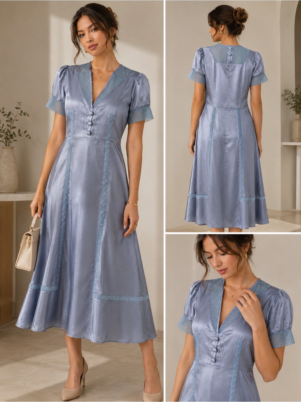 Marc Jacobs Dusty Blue Satin Midi Dress with Button Front